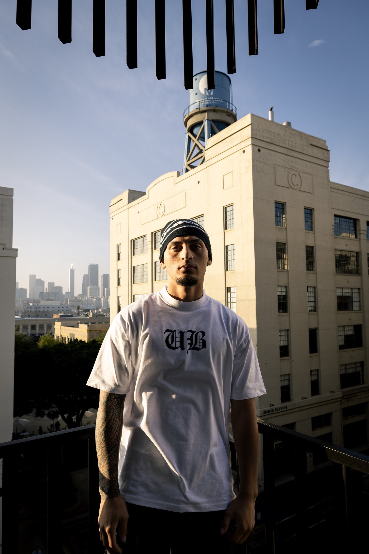 Members Only Tee worn on a rooftop in Long Beach